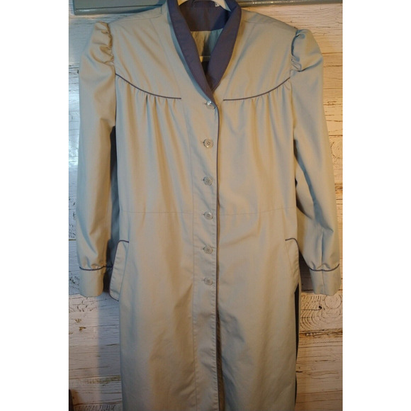 Vintage 80s Beige Trench Coat Rain Duster Jacket Belted Purple Lining Size 16 - Picture 5 of 8
